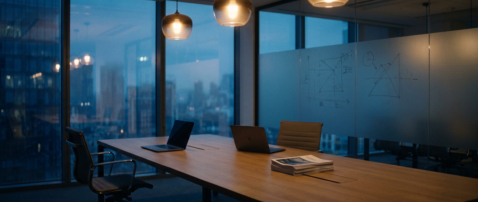 Empty boardroom at dusk with strategy notes on glass