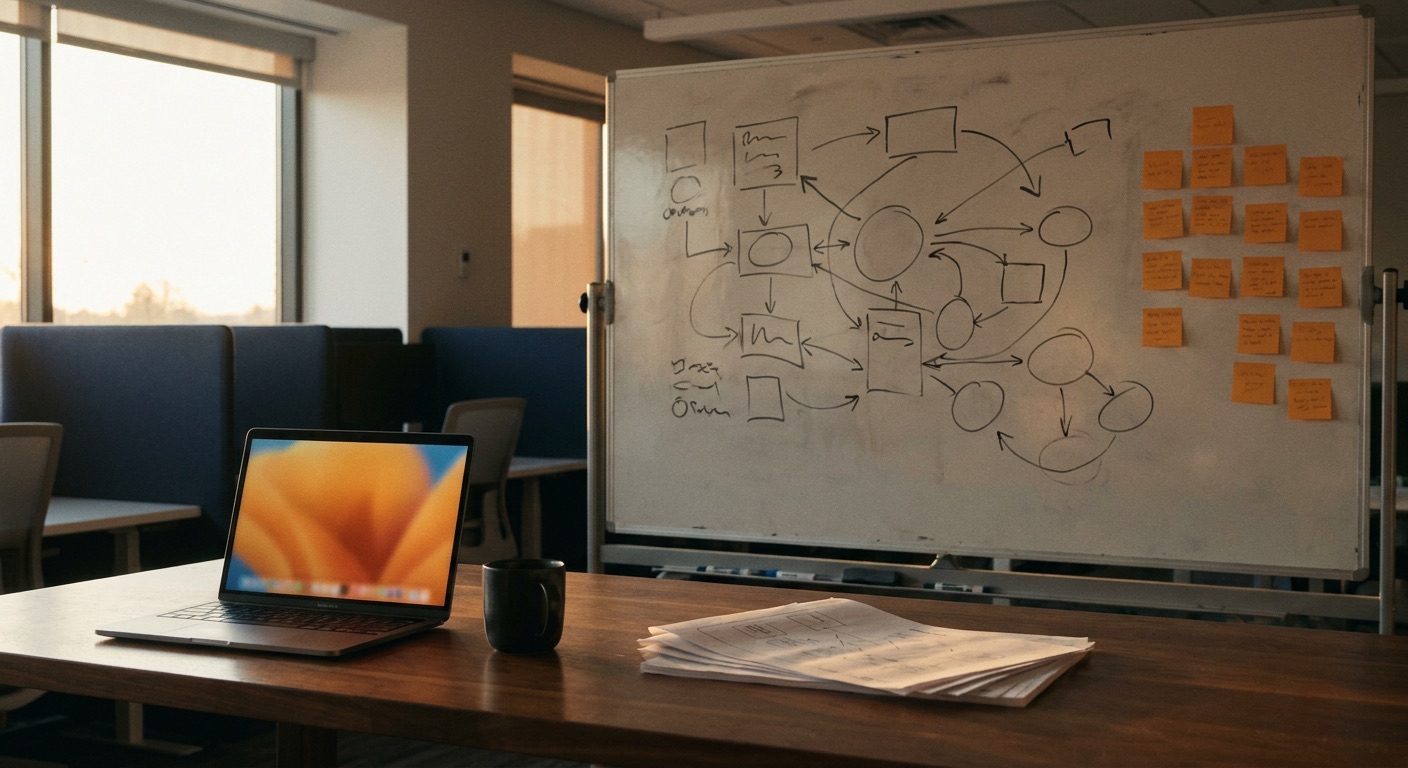 Implementation workshop room with workflow whiteboard